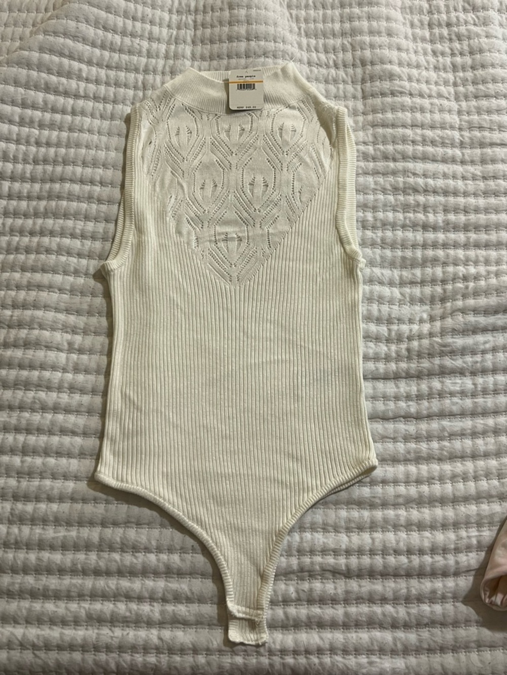 Free People Cream Ribbed Knit Sleeveless One-Piece Bodysuit
